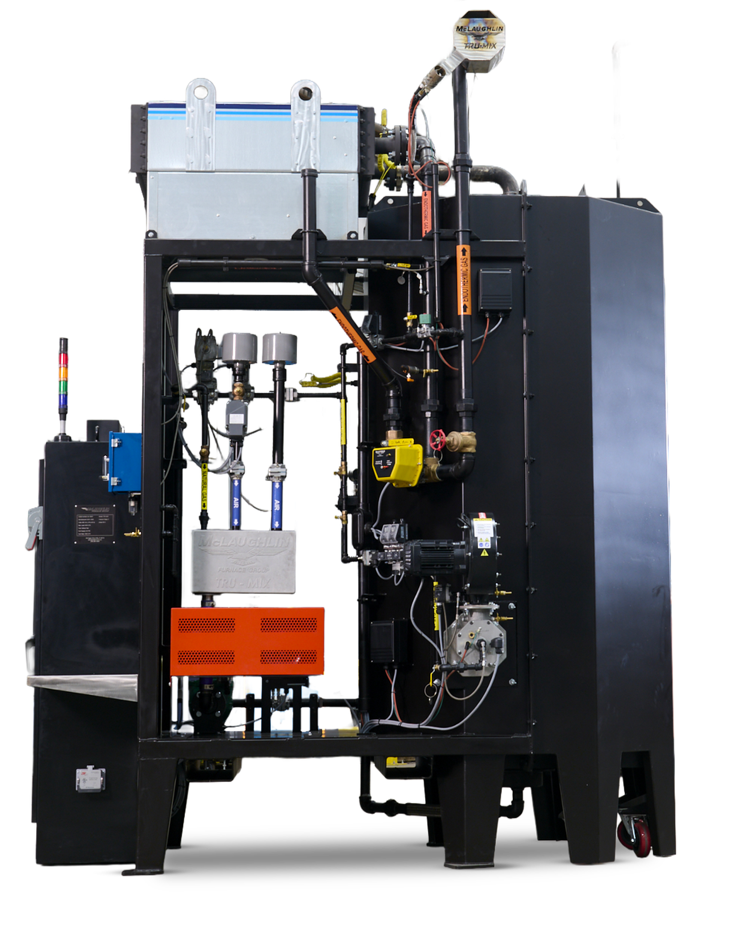 A black-framed McLaughlin Furnace Group Tru-Mix endothermic gas generator skid, its blue and yellow gas piping, orange heat exchanger and control cabinet exposed at the front