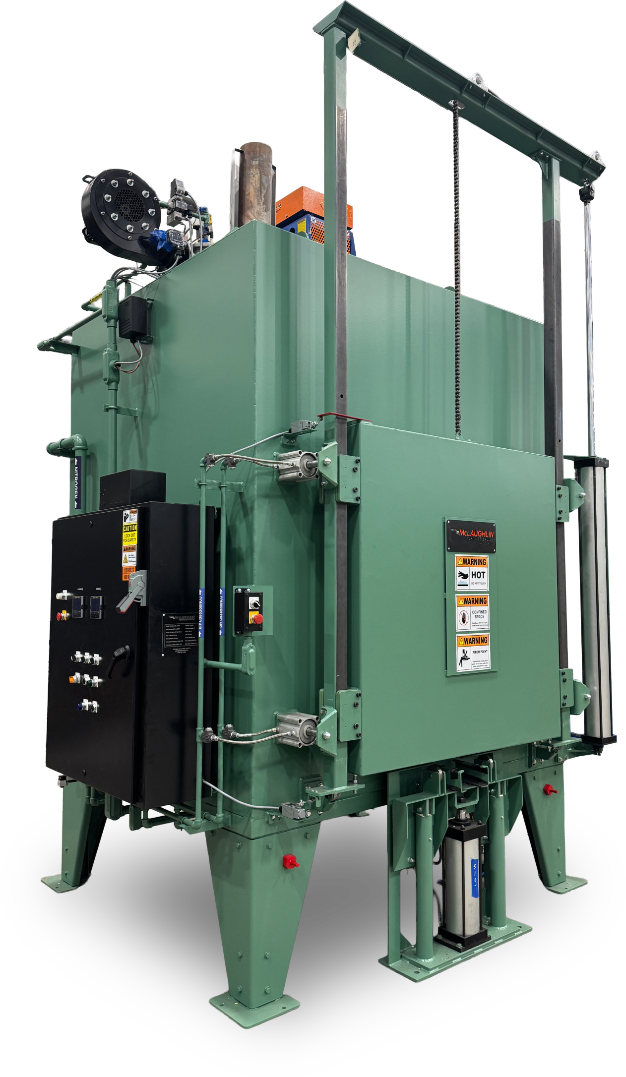 A green McLaughlin Furnace Group Tru-Temp temper furnace with its black control cabinet and overhead door lift frame